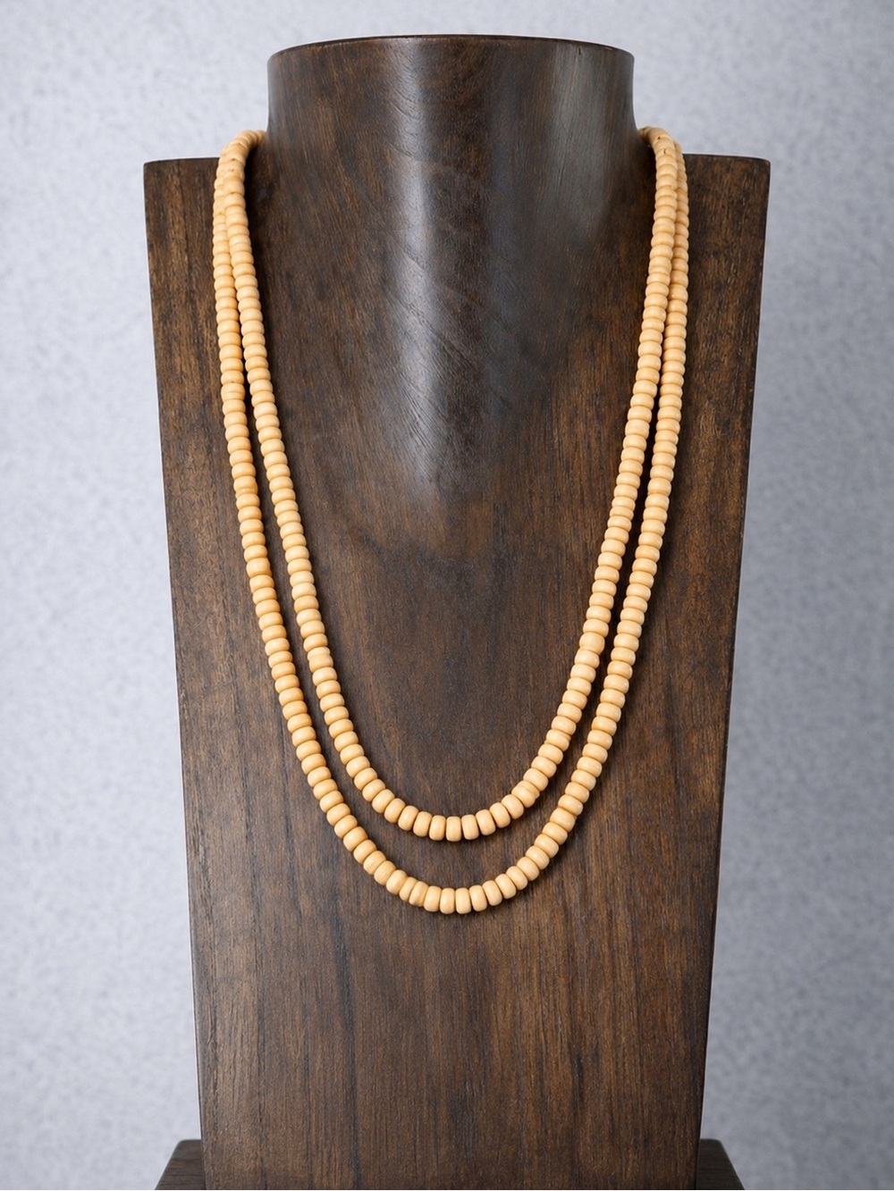 Vintage Double Strand Wooden Bead Necklace in Light Tan